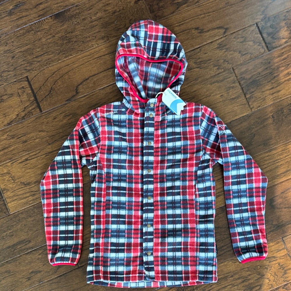 Stormberg Norweigan Red/Black Plaid Fleece Hooded button up Kids sz 10